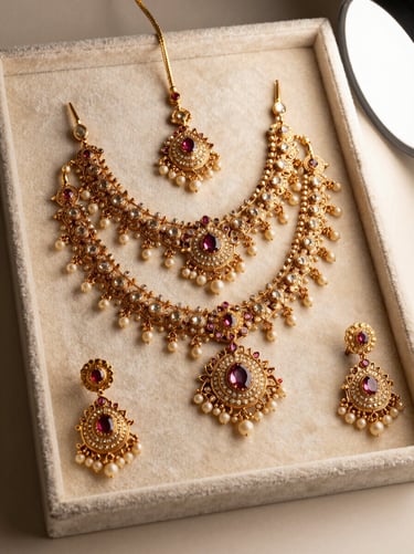 Three-quarter elevated view of a complete bridal gold necklace set — necklace, matching earrings and maang tikka arranged together on a pale ivory velvet display tray, soft warm studio strobe from upper right, intricate kundan and polki stonework in sharp detail, no hands or model