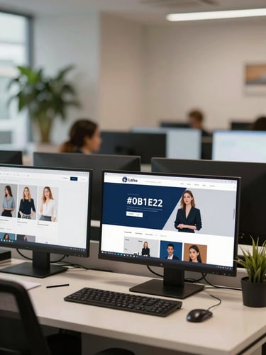A wide shot of the agency's social media management area. Sleek monitors showing fashion content, plants in the corner, and a warm, professional vibe. Primary color #0B1E22.