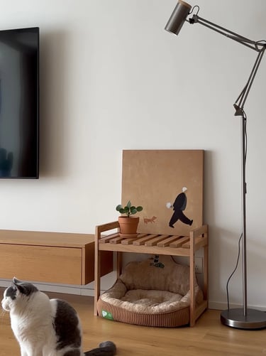 Small apartment cat furniture with natural wood, soft cushion, neutral decor and a cat in a calm mod