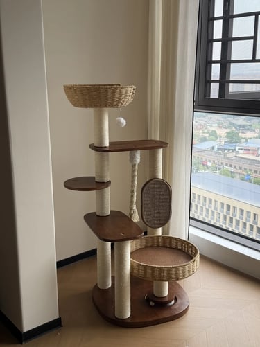 Compact window-side cat tree with wicker beds, scratching posts and wooden platforms designed for ve