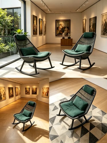 Outdoor rocking chair with green cushions in a garden and indoor-outdoor living space, showing relax