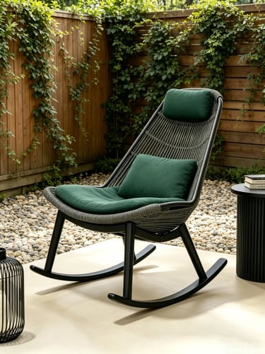 Outdoor rocking chair with green cushions in a garden and indoor-outdoor living space, showing relax