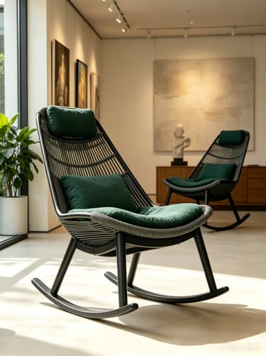 Outdoor rocking chair with green cushions in a garden and indoor-outdoor living space, showing relax