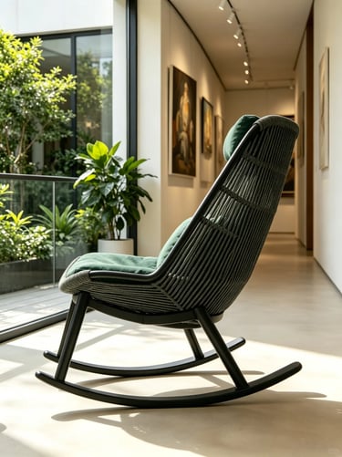 Outdoor rocking chair with green cushions in a garden and indoor-outdoor living space, showing relax