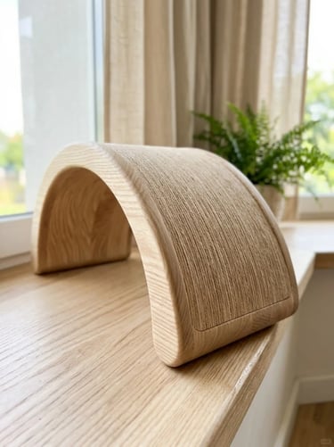 Modern wooden cat scratching arch placed near a bright window, designed with natural materials for a
