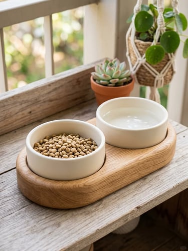 Pet feeding corner with ceramic food and water bowls on a wooden tray, surrounded by small plants an