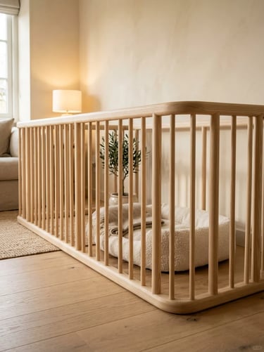 Wooden indoor pet playpen with a soft pet bed, warm lighting and natural home decor for a safe and c