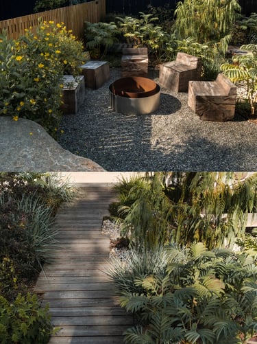 Garden corner with natural wood, gravel, weathered metal fire bowl and layered plants, showing warm 