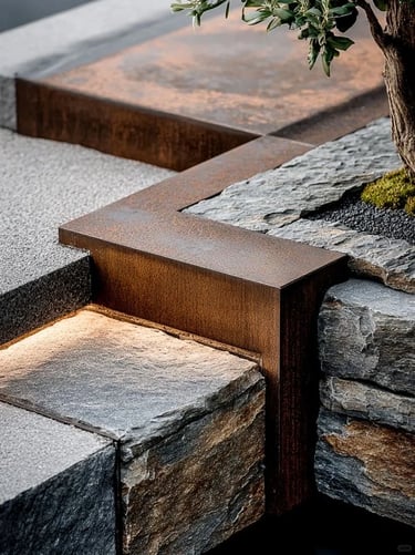 Weathered metal edging combined with natural stone, gravel and soft lighting, creating depth in a mo