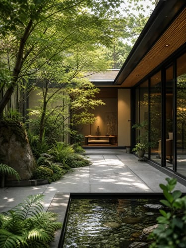 Layered greenery framing a modern courtyard path, creating privacy and a natural garden edge.
