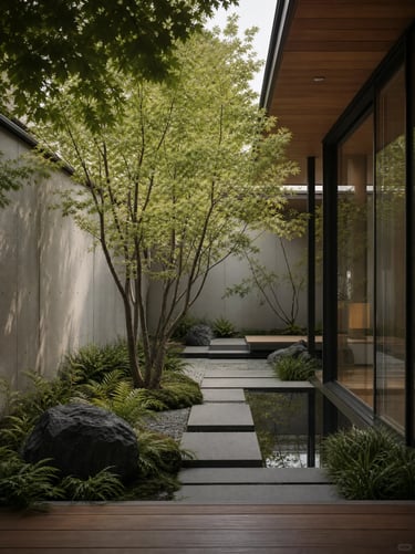 Small garden courtyard with trees, rocks, groundcover plants, and soft green edges around a modern h