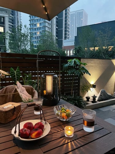 Modern balcony garden with warm lighting, wooden furniture, plants, and cozy outdoor living atmosphe