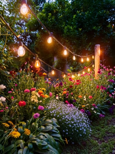 Flower garden with warm string lights, colorful planting, and a romantic evening outdoor mood.