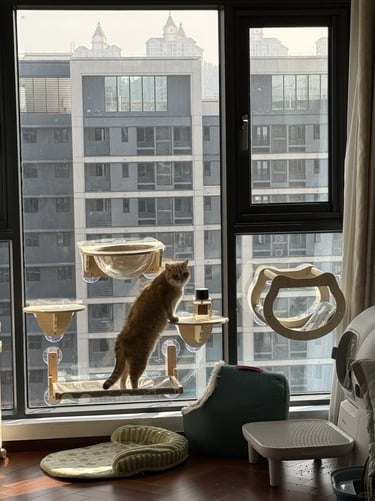 Cat using a window-side perch and small climbing furniture in a high-rise apartment with city views.