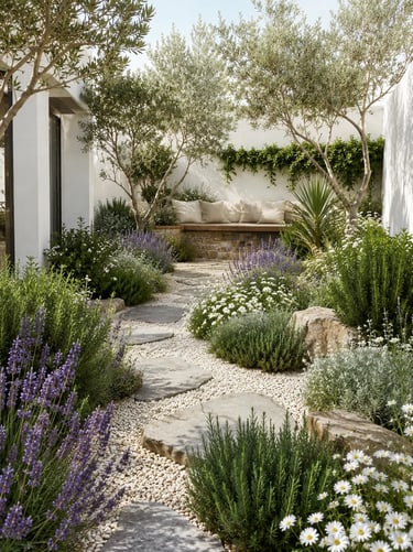 Small courtyard garden with lavender, olive trees, white gravel, and a clear stone path leading to a