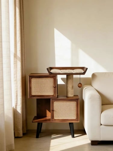 Compact wooden cat furniture beside a sofa with a soft perch, scratching post and warm natural light