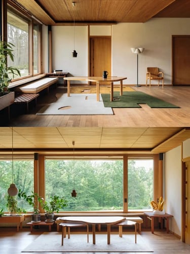 Bright interior corridor with wooden chairs, large windows and soft natural light in Alvar Aalto sty