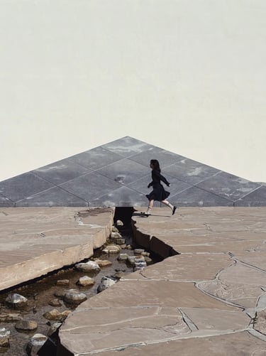 Noguchi Garden stone courtyard with water channel and distant figure, showing sculptural landscape d