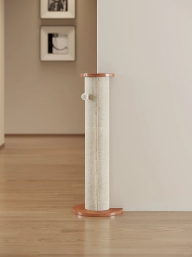 Minimal sisal cat scratching post with wooden base placed near a wall in a calm neutral home interio