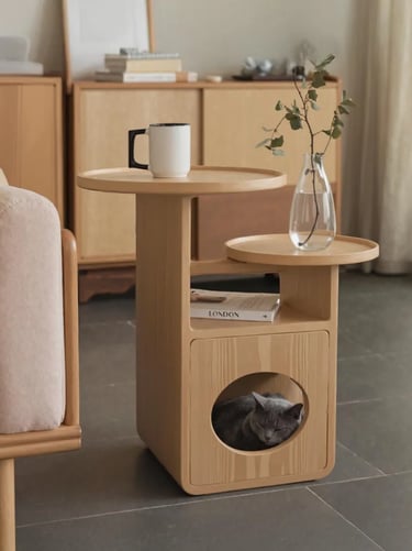 Wooden side table with a built-in cat bed, combining modern home furniture with a cozy pet resting s