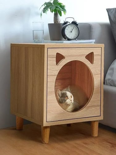 Wooden cat house cabinet with a rounded entrance, soft interior and simple home-friendly furniture d