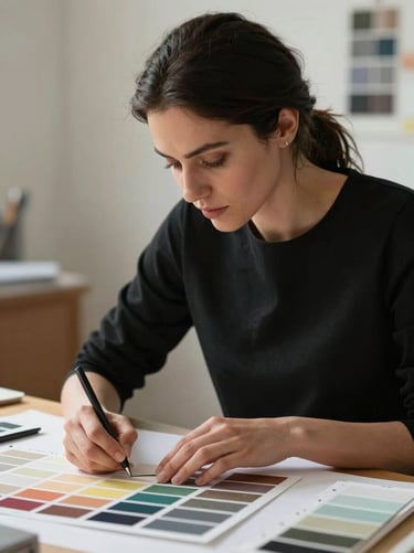 A professional portrait of a female designer with dark hair tied back, wearing a minimalist black top, working with paper swatches