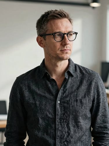 A professional portrait of a male designer with short hair and glasses, wearing a dark charcoal linen shirt, looking off-camera in a bright studio