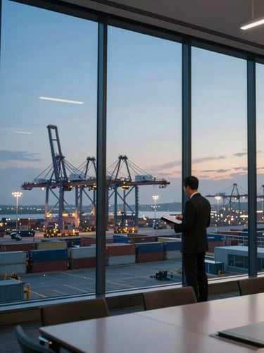 Wide-angle view from a glass-walled conference room overlooking a major port terminal at dusk, container cranes silhouetted against a cool steel-blue sky, a single executive standing at the window reviewing a transaction binder, soft interior ambient light reflecting on the glass
