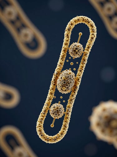 Macro 3D scientific render of chromatin structures and non-viral gene-editing vectors under dark-field microscopy illumination, rich deep navy background with sharp gold highlights, high-contrast precise details.