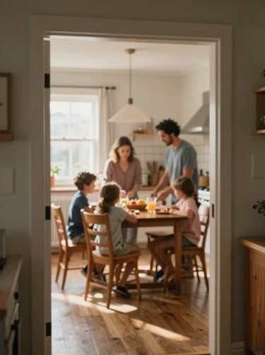 A candid, cinematic shot looking through an open doorway into a sunlit kitchen. A family is gathered around a wooden table, blurred slightly to emphasize the feeling of the space over the individuals.