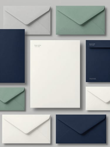 A curated, flat-lay arrangement of elegant brand collateral including letterheads, envelopes, and a sleek folder. It conveys refined creativity and meticulous attention to detail. The items are styled strictly in dark navy, slate grey, sage green, and off-white hues.