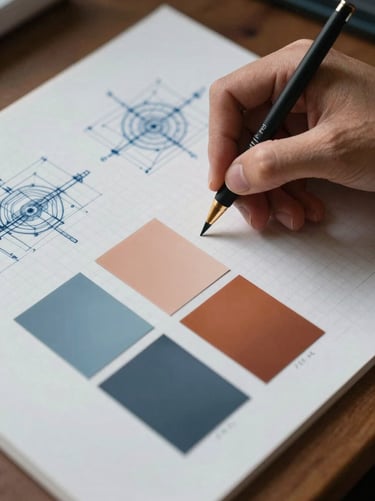 Raw studio process, hand-drawn grid blueprints on graph paper, physical color swatches of slate blue and warm clay arranged under harsh side-lighting.