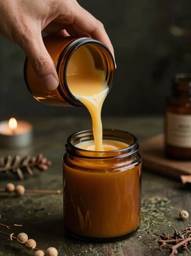 Artisan hands pouring warm golden soy wax into a heavy amber glass jar, botanical studio setting, moody