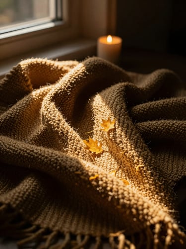 Close-up of golden autumn light streaming through a window onto a textured woolen throw, cozy atmosphere, moody shadows