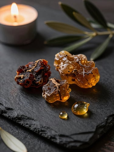 Still life with raw botanical resins, frankincense tears, and dried olive leaves on a dark slate surface, warm low-key light