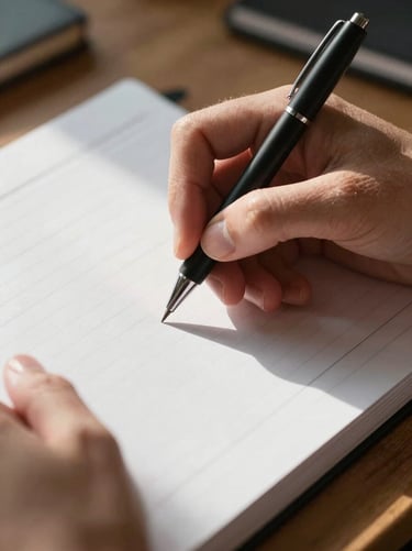 Macro close-up of hands holding a pen over a physical planner, clean white pages, soft morning light with natural shadows, clutter-free desk.
