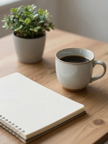 Clean, natural workspace with a ceramic cup, a simple notebook, and a small green plant, soft diffused light, quiet environment.