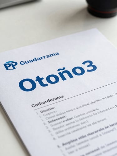 Close-up shot of a printed official document cover titled 'Otoño' with the blue corporate branding of PP Guadarrama, resting on a clean white desk, bright natural daylight, sharp focus.