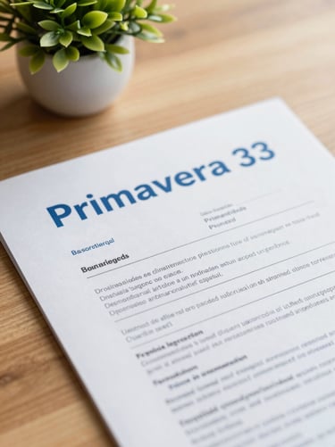 Close-up shot of a printed official document cover titled 'Primavera' with blue corporate branding, resting on a wooden table next to a small green plant, soft spring sunlight.