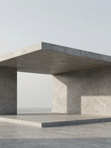 Highly detailed 3D architectural render of a modern pavilion, realistic concrete textures, dramatic soft daylight