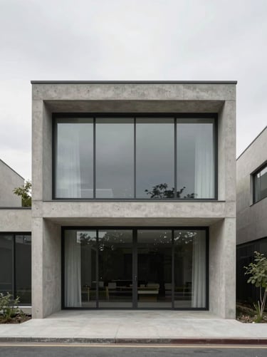 Straight-on architectural elevation of a concrete and glass minimalist villa, overcast daylight, neutral tones, 35mm lens