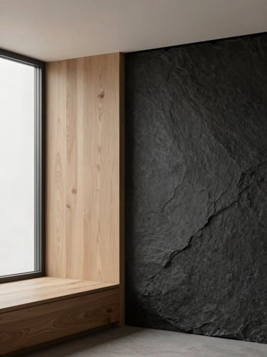 Minimalist interior corner showing the transition between raw oak wood and dark textured slate, soft window light, 35mm lens
