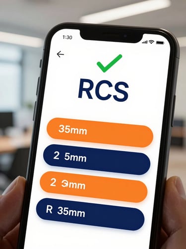 Close-up of a mobile screen displaying a verified RCS message with rich media buttons, sharp focus, 35mm