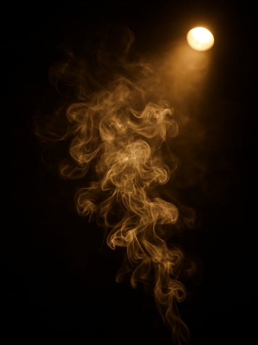 A textured, abstract cinematic shot of swirling smoke illuminated by a single gold spotlight against a black background, evoking mystery and atmospheric storytelling.