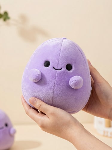 A cozy gamer holding a soft purple squishy toy gently in their hands, warm pastel background, shallow depth of field, 35mm