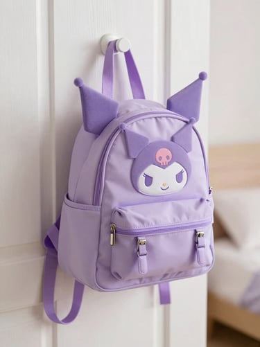 Close-up of a pastel purple Kuromi mini-backpack hanging on a white wooden bedroom door, soft diffused daylight, shallow depth of field, 35mm