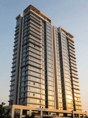 Modern luxury high-rise facade of DLF The Camellias on Golf Course Road, pristine architectural details, golden hour lighting.