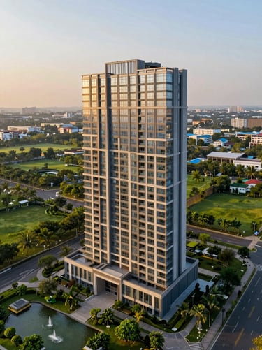 High-end residential tower of Central Park Resorts on Sohna Road, lush green landscapes, water features, crisp sunlight.