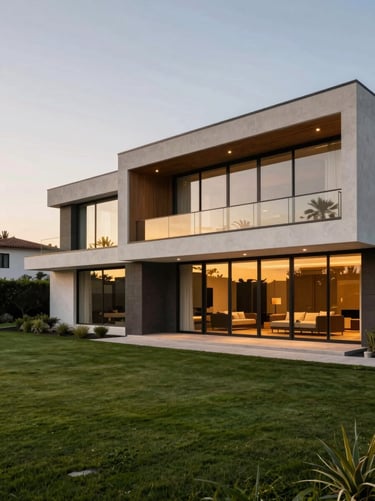 Sleek contemporary villa exterior of Emaar Marbella on Golf Course Extension Road, manicured lawns, natural twilight lighting.