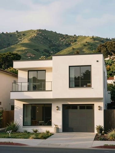 Modern architectural home in Cupertino surrounded by lush green hills, soft natural window light, clean lines, high-end real estate photography